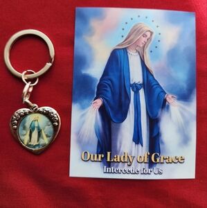 Heart-Shaped Keychain with Our Lady of Grace Image. Saint Michael on back